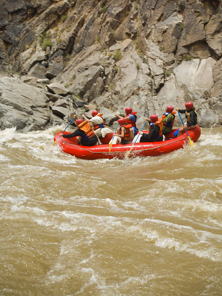 Group of people river rafting