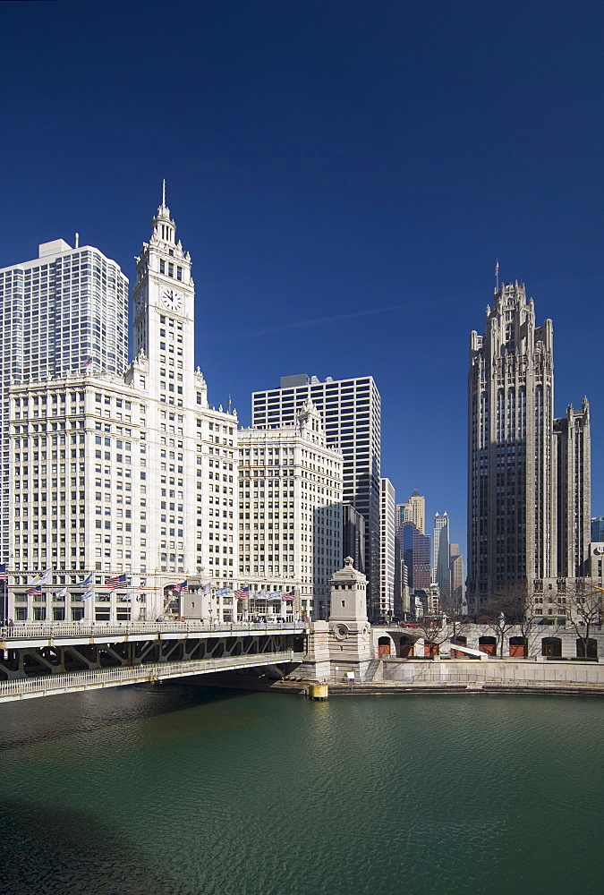 Michigan Avenue Bridge with Tribune Tower and Wrigley Building Chicago Illinois USA