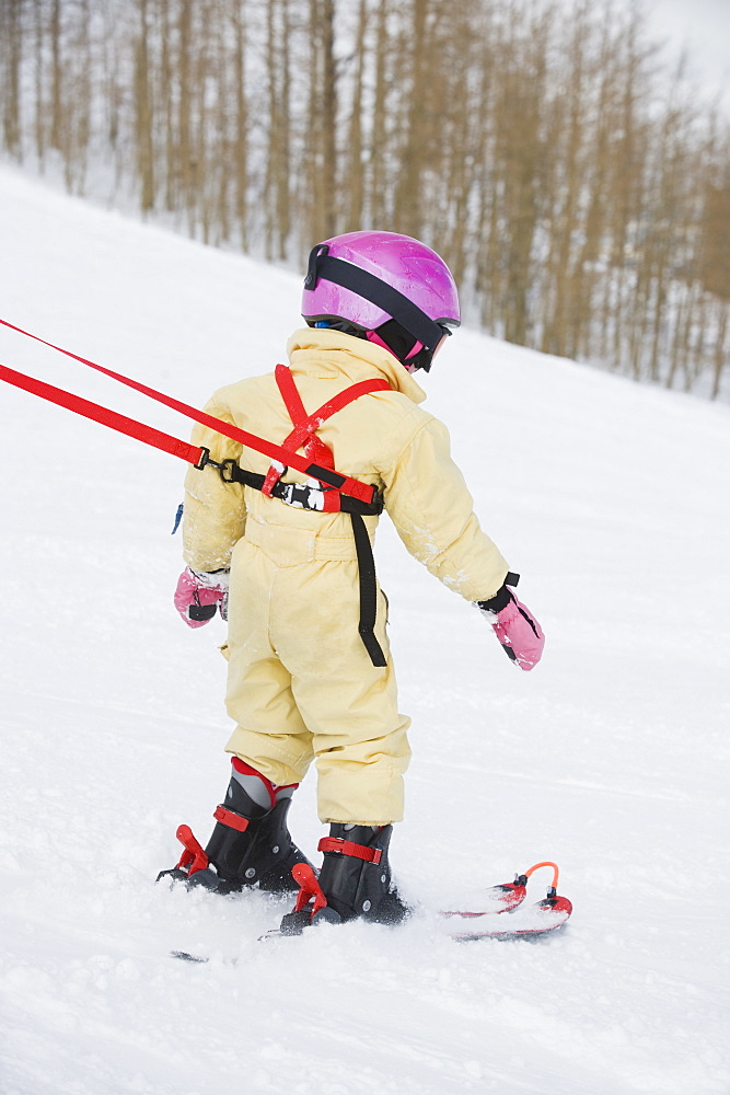 Child skiing with harness