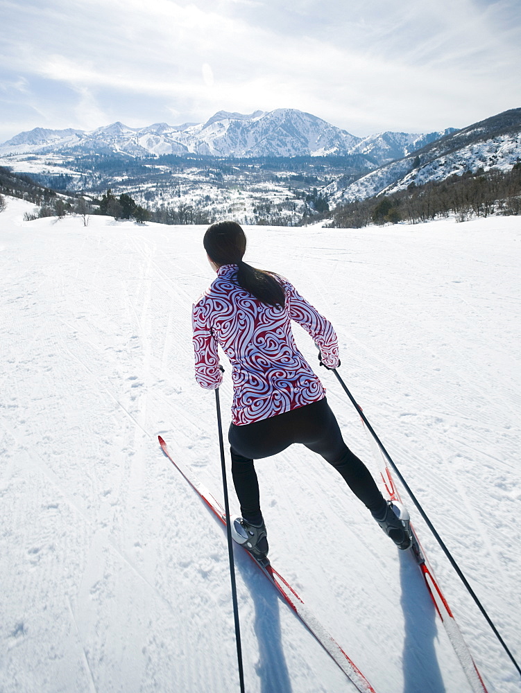 Woman cross country skiing