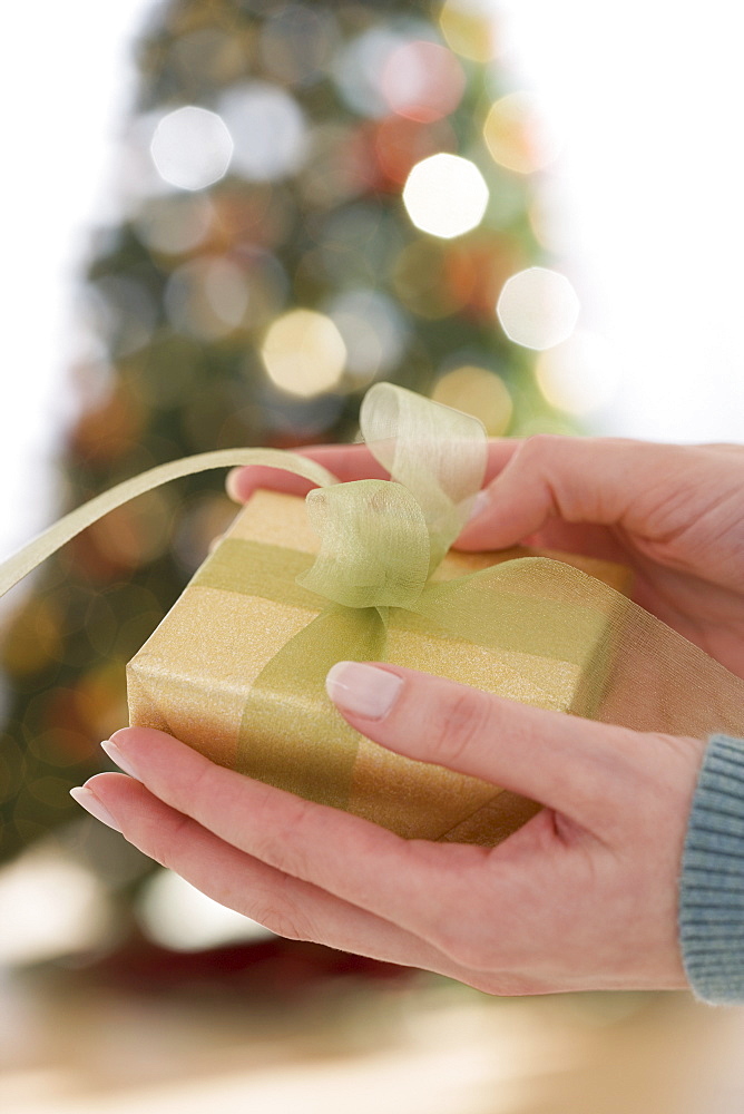 Close up of woman holding Christmas gift