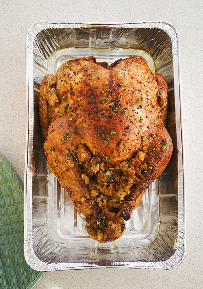 High angle view of Thanksgiving turkey in pan