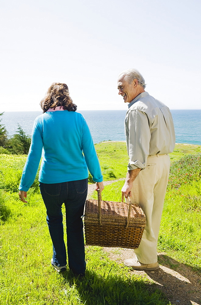 Couple carrying picnic basket to the beach