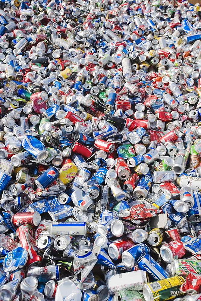 Pile of aluminum cans at recycling plant