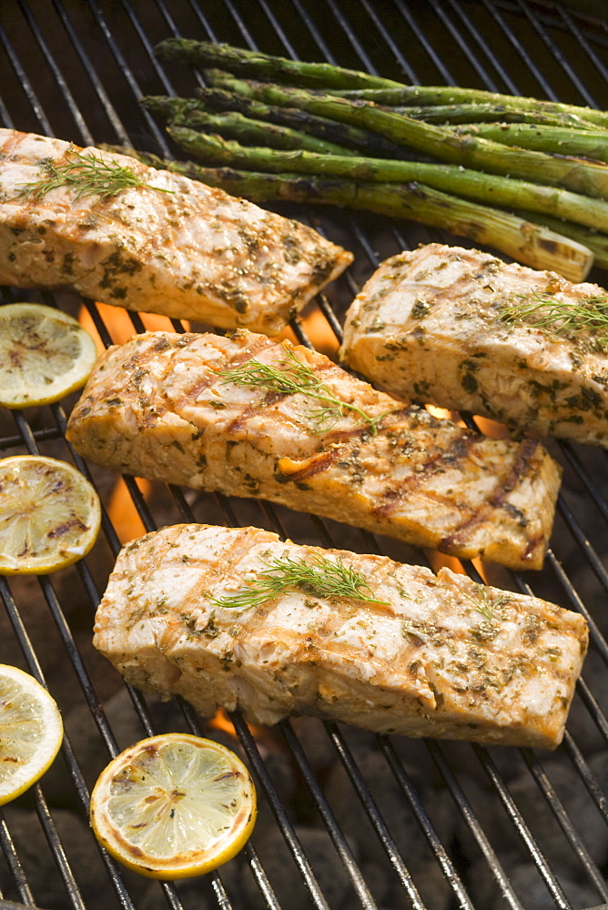 Fish and asparagus cooking on grill