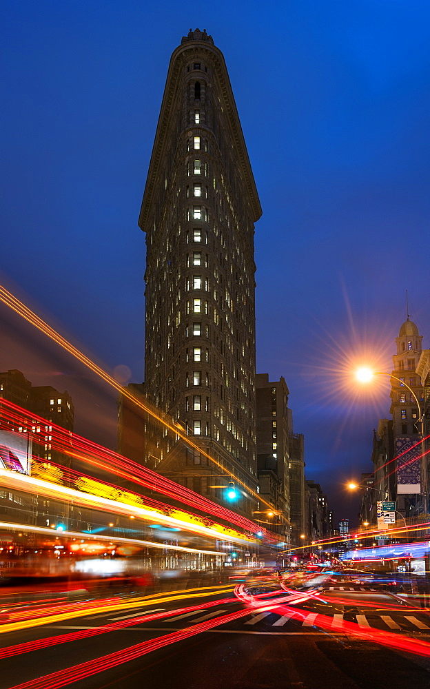 Light trails on city street, New York City, New York