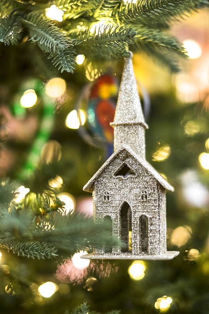 Close up of Christmas ornament hanging on Christmas tree