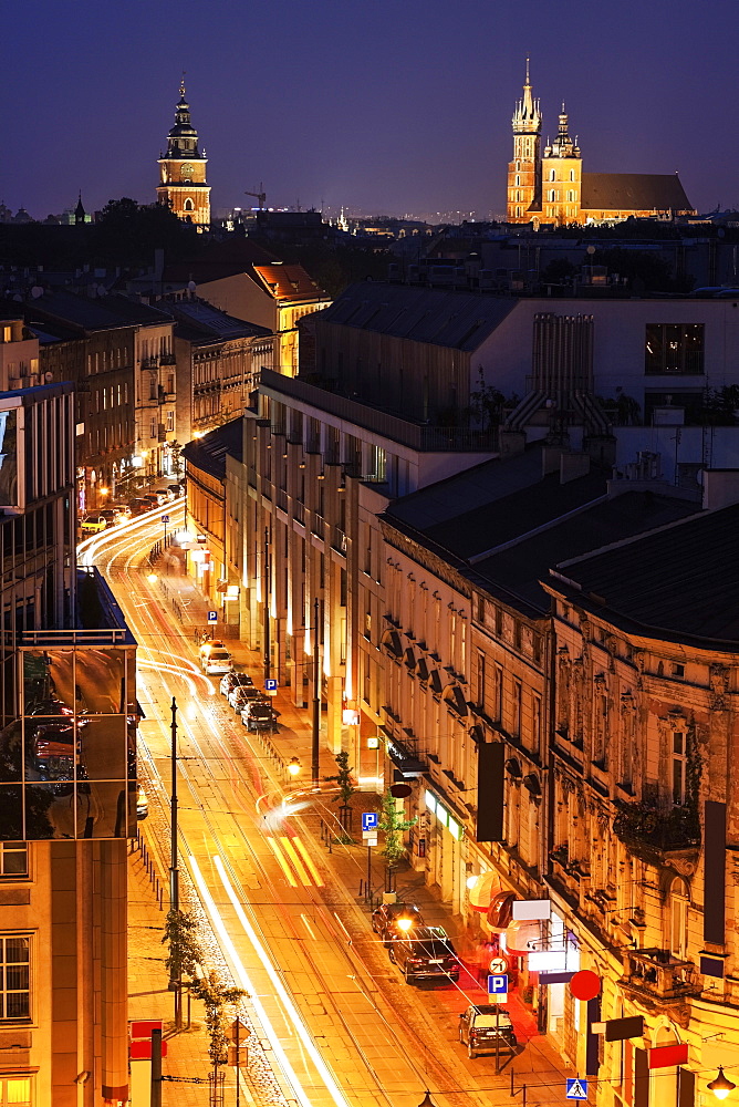 Zwierzyniecka Street and Town Hall with St Mary's Church in background, Krakow, Poland 