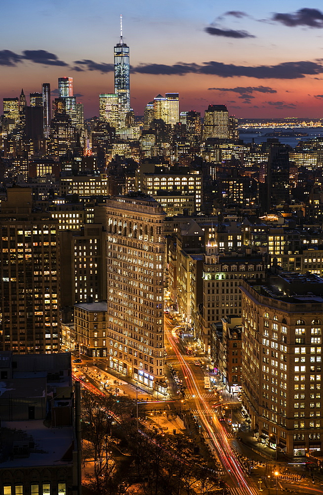 Downtown skyline at dusk, New York City, New York