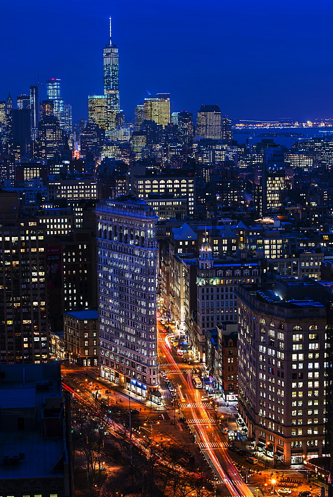 High angle view of city at night, New York City, New York
