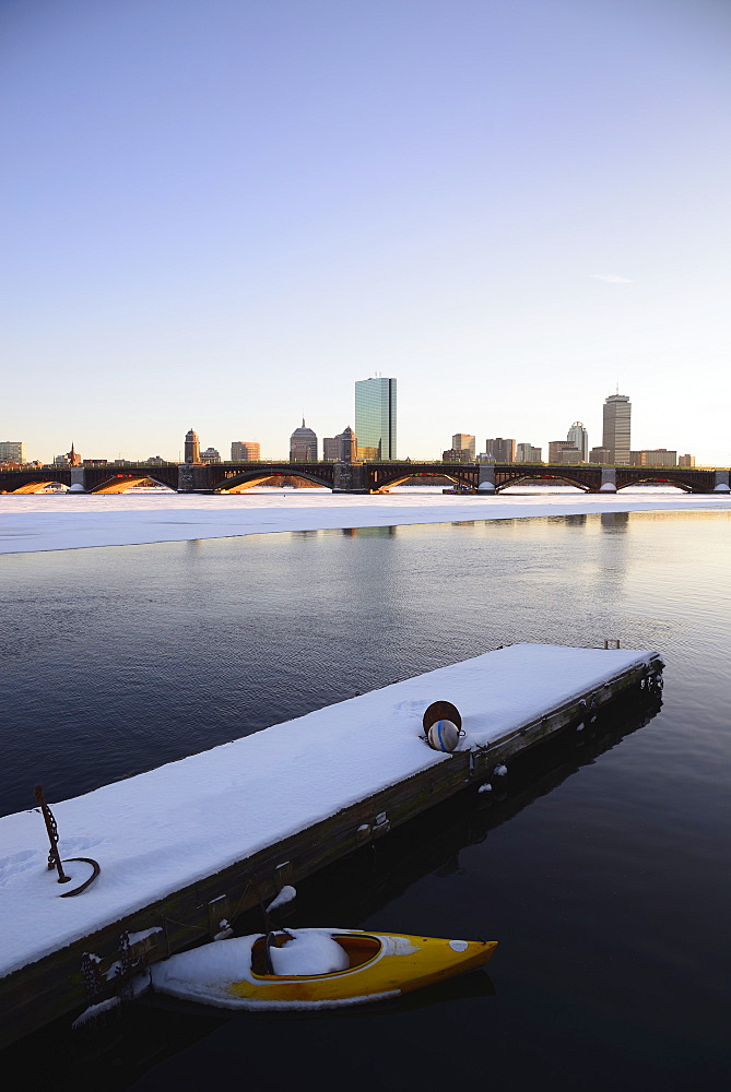 View across partially frozen Charles river to Longfellow Bridge and Boston, Charles River, Boston, Massachusetts,USA