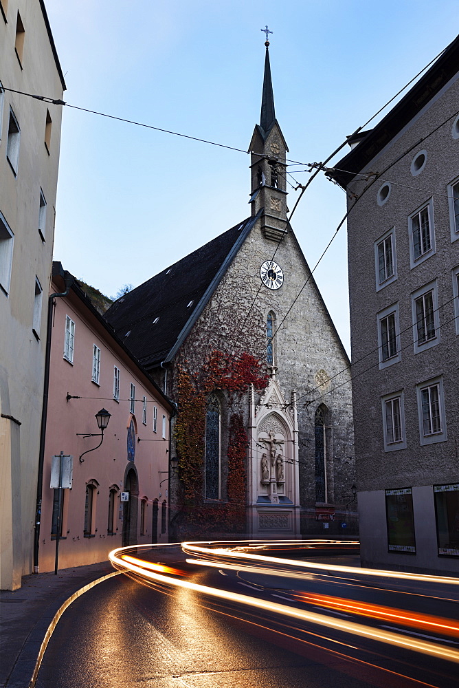 St. Blaise's Church, Light trails on old town street, St. Blaise's Church, Salzburg, Austria