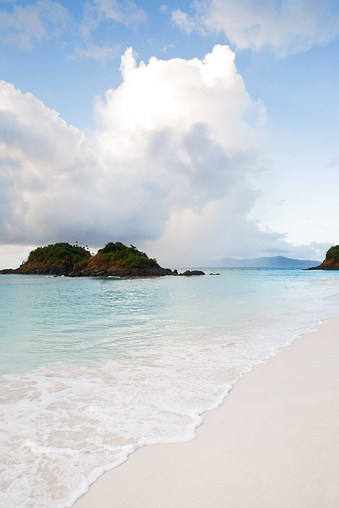 Scenic view of beach by sea, Trunk Bay, St. John, US Virgin Islands