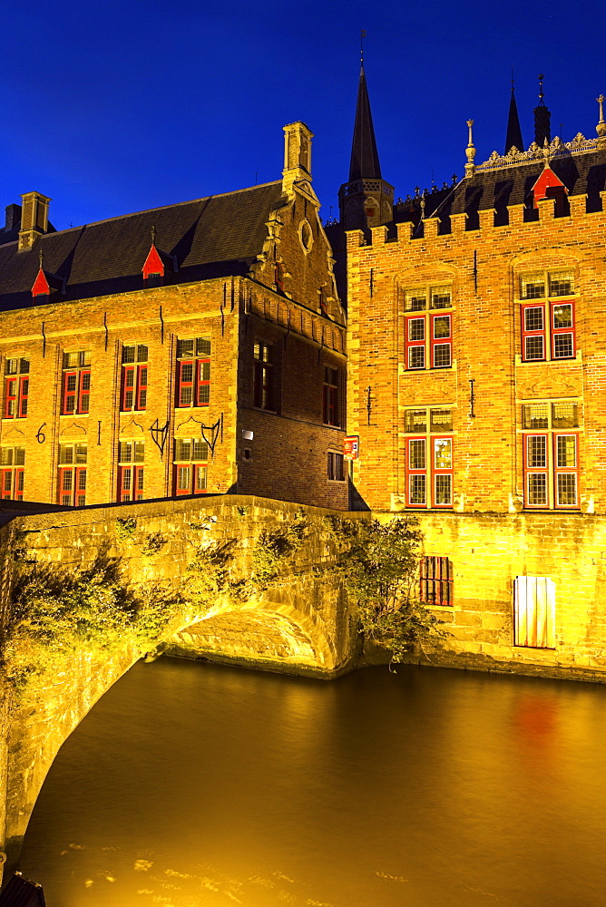 Illuminated townhouses and bridge, Belgium, Flemish Region, Bruges