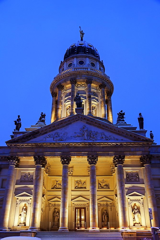 Illuminated French Cathedral against clear sky, Germany, Berlin, Gendarmenmarkt