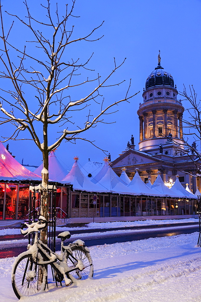 Gendarmenmarkt, Snowy bicycle parked against bare tree, Germany, Berlin, Gendarmenmarkt,French and German Domes