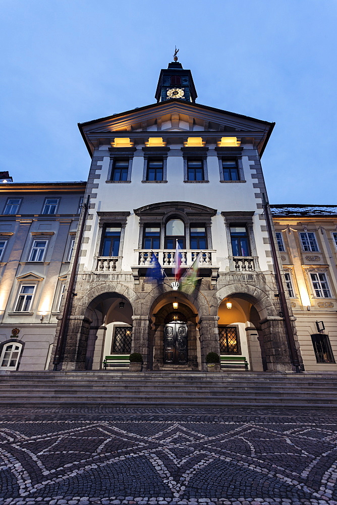 Illuminated facade of Ljubljana City Hall, Slovenia, Ljubljana, Ljubljana City Hall