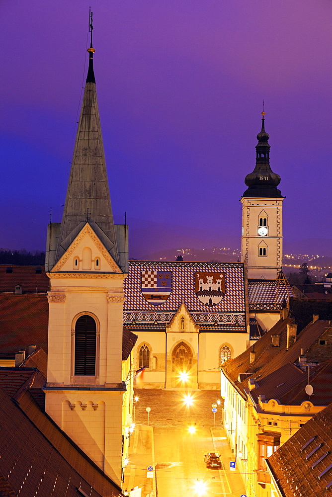 Illuminated St. Mark's Church and Cathedral of Sts. Cyril and Methodius, Croatia, Zagreb, St. Mark's Church, Cirila i Metoda Church