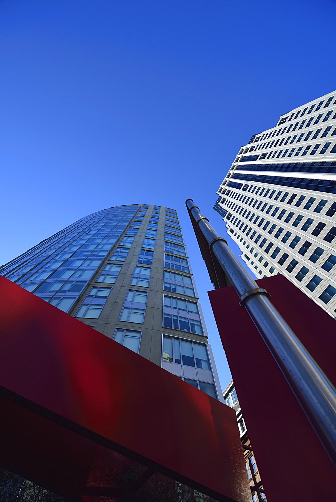 Low-angle view of glass skyscraper, USA, Massachusetts, Boston