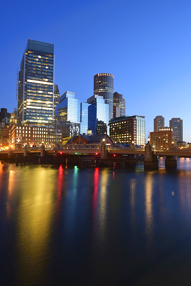 Waterfront and bridge at dawn, USA, Massachusetts, Boston, Fort Point Channel