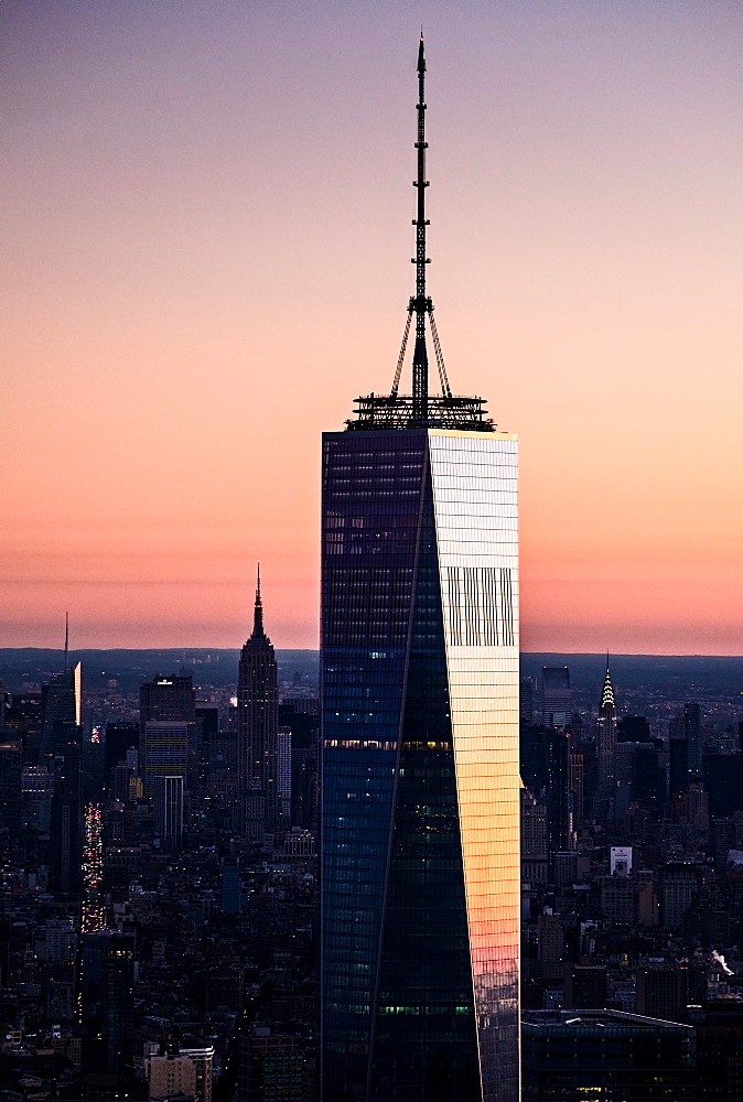 USA, New York State, New York City, One World Trade Center building at sunrise