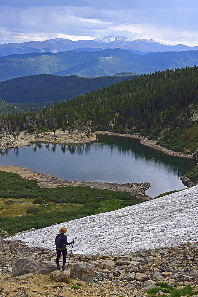 USA, Colorado, Idaho Springs, Hiker looking at view from Saint Mary's Glacier