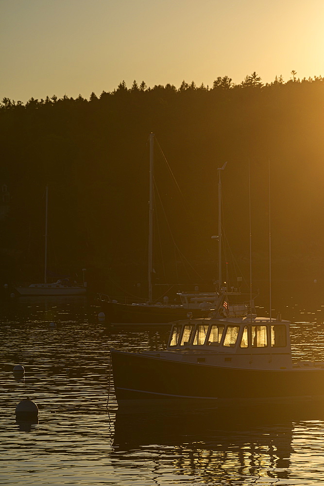 Boat at sunset in Seal Harbor, Mount Desert Island, USA