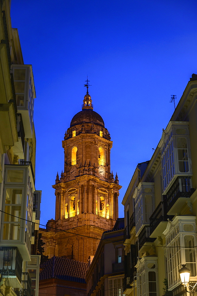 Cathedral of Malaga at night in Malaga, Spain