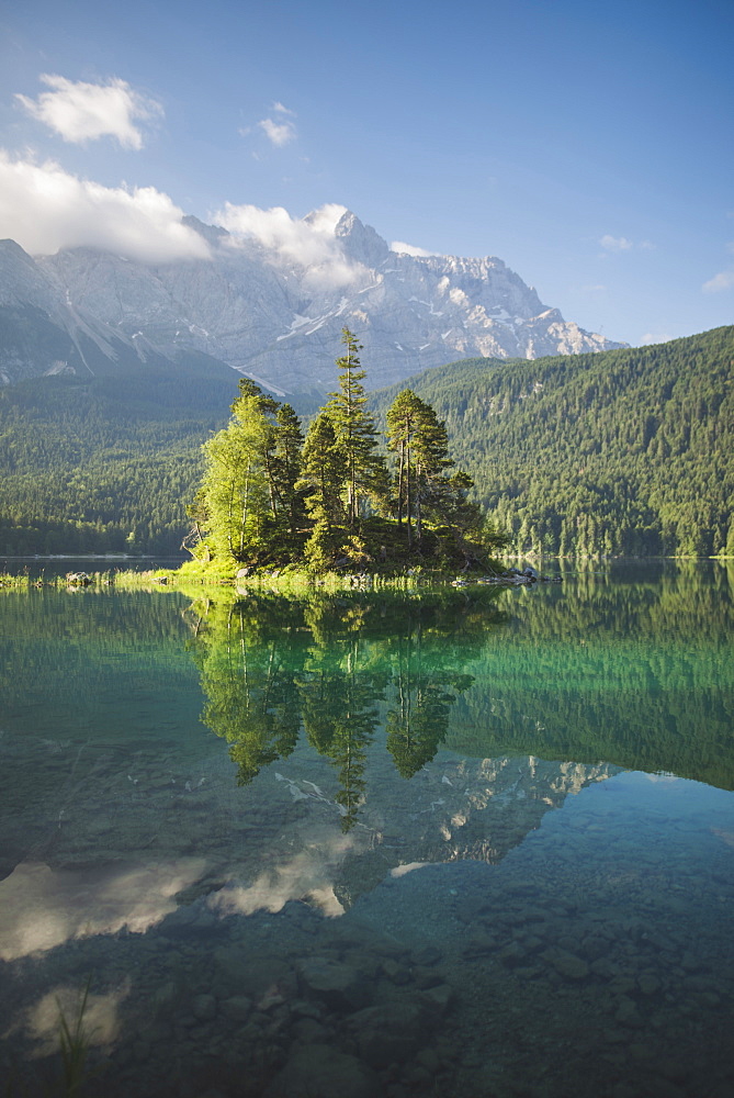 Germany, Bavaria, Eibsee, Scenic view of Eibsee lake in Bavarian Alps Germany at sunrise