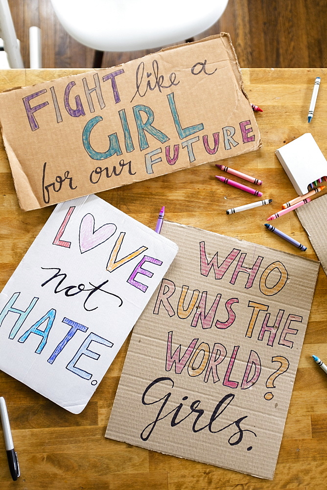 Women's march protest signs on table