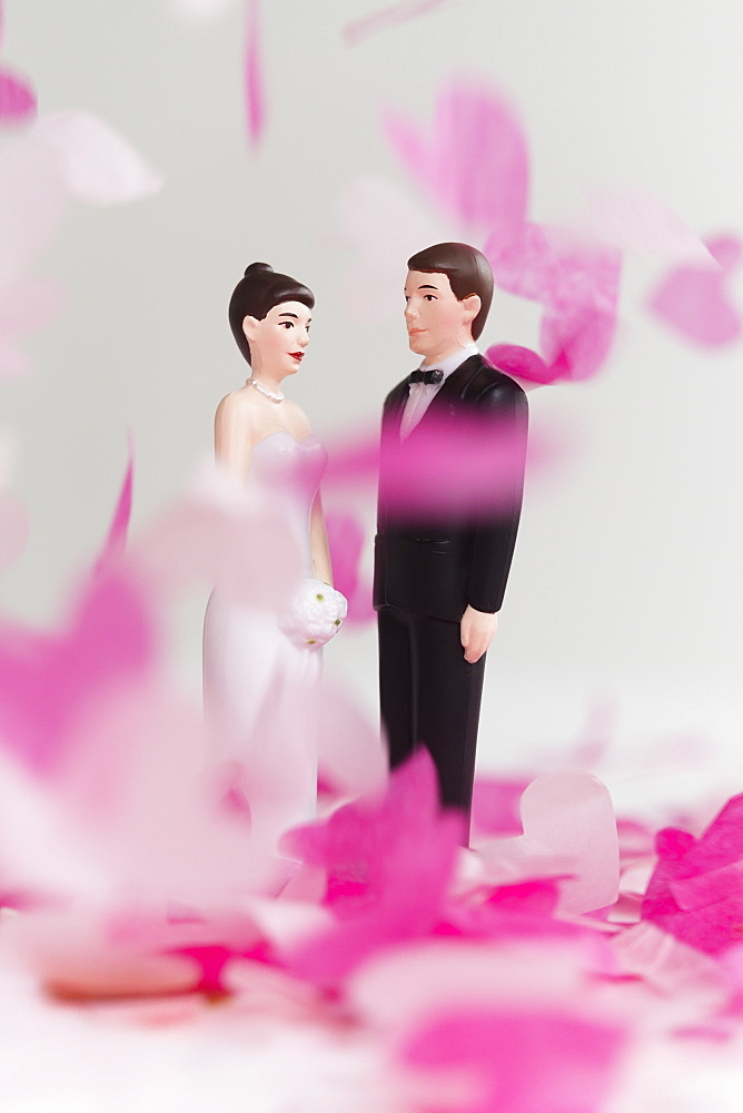 Bride and Groom cake toppers among confetti falling 