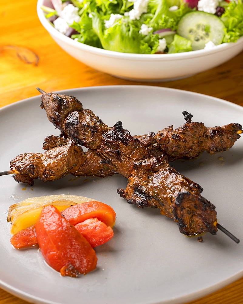 Steak kabob and Greek salad