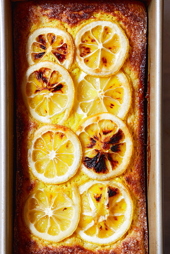 Lemon cake in baking pan