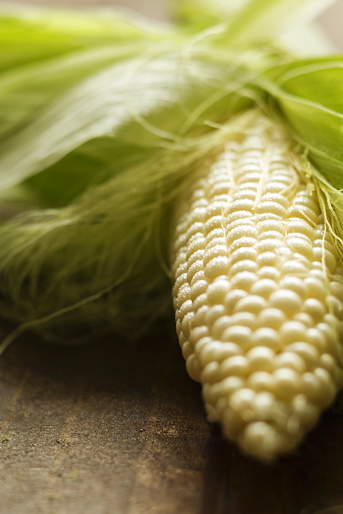 Close up of corn cob on table