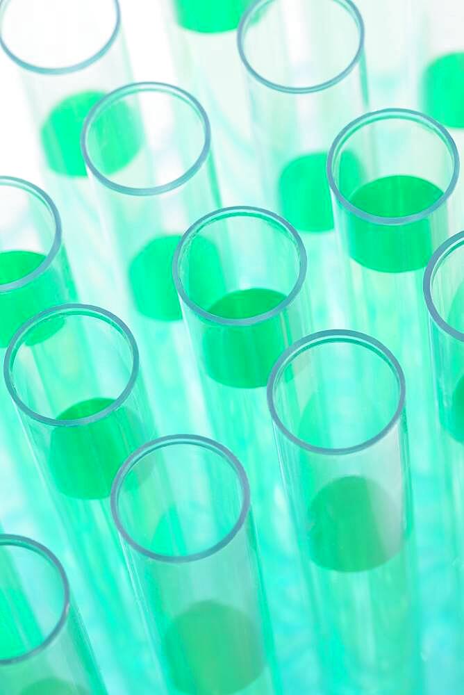 Close-up of test tubes with green liquid