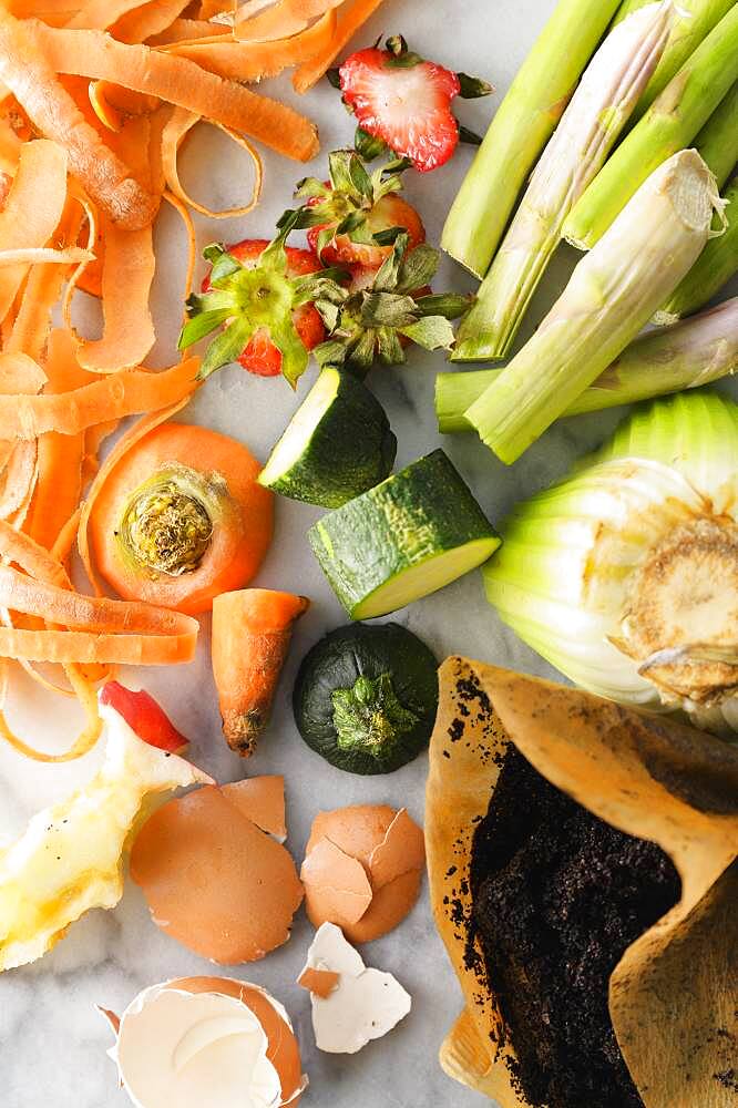 Overhead view of vegetable scraps ready for compost