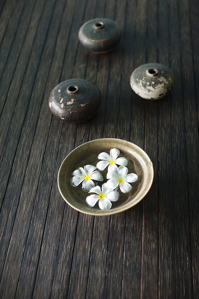 Spa accessories on wooden floor