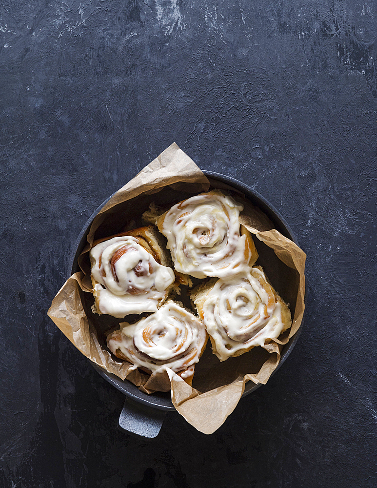 Overhead view of freshly baked cinnamon buns