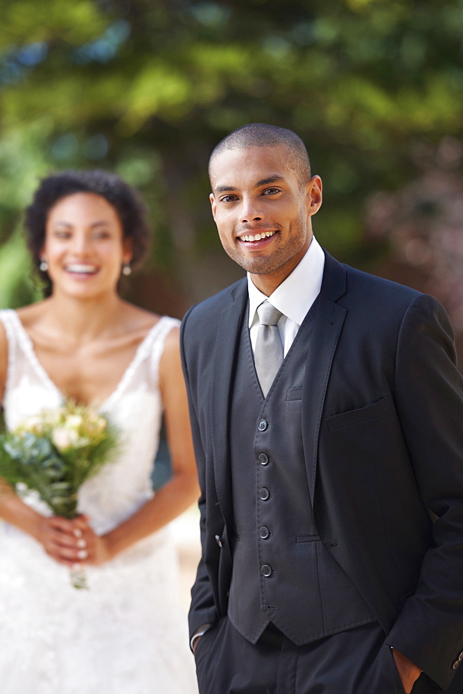 Portrait of newlywed couple