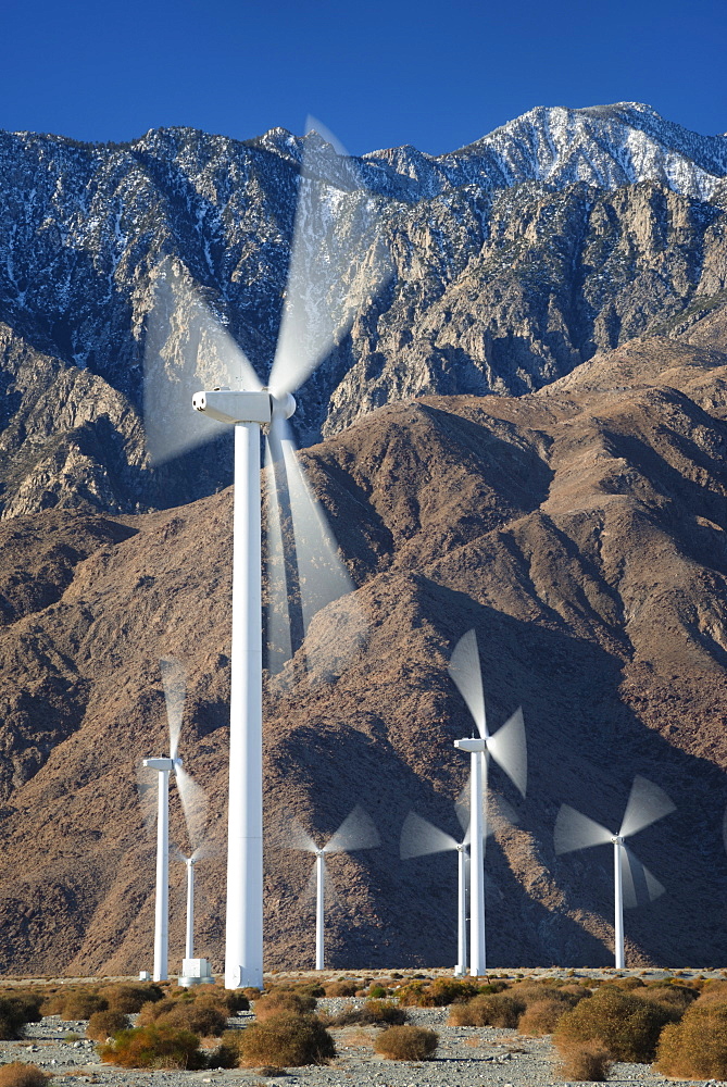 Wind turbines on desert, Palm Springs California