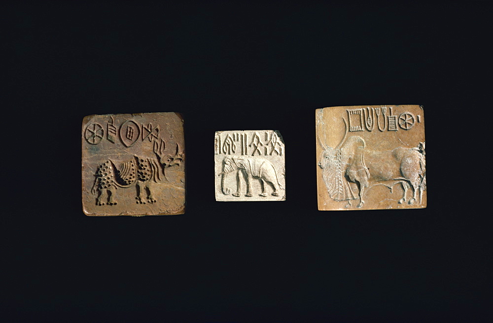 Seals depicting animals from the Indus civilisation of Mohenjodaro, in the Karachi Museum, Pakistan, Asia