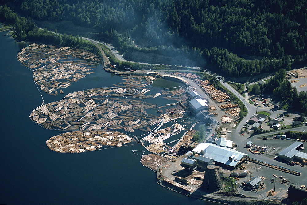 Aerial view of logs in the river beside a saw mill in British Columbia, Canada, North America