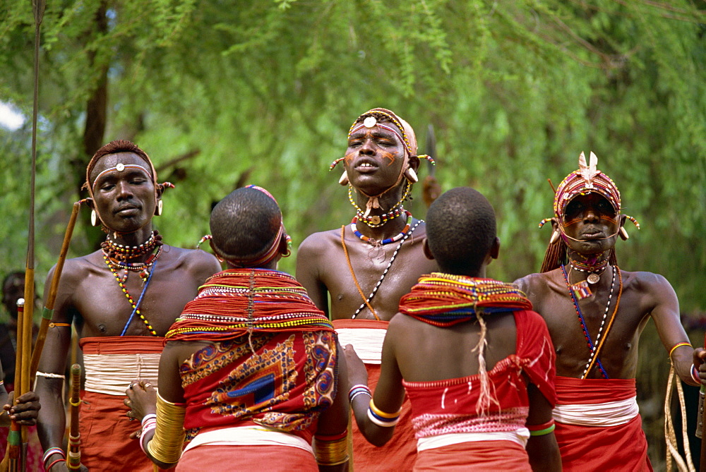 Samburu warriors dancing, Kenya, East Africa, Africa