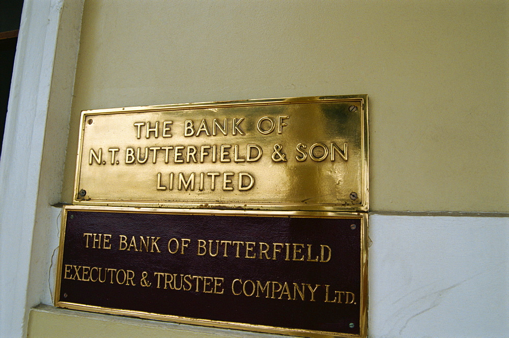 Bank nameplates, Hamilton, Bermuda, Atlantic, Central America