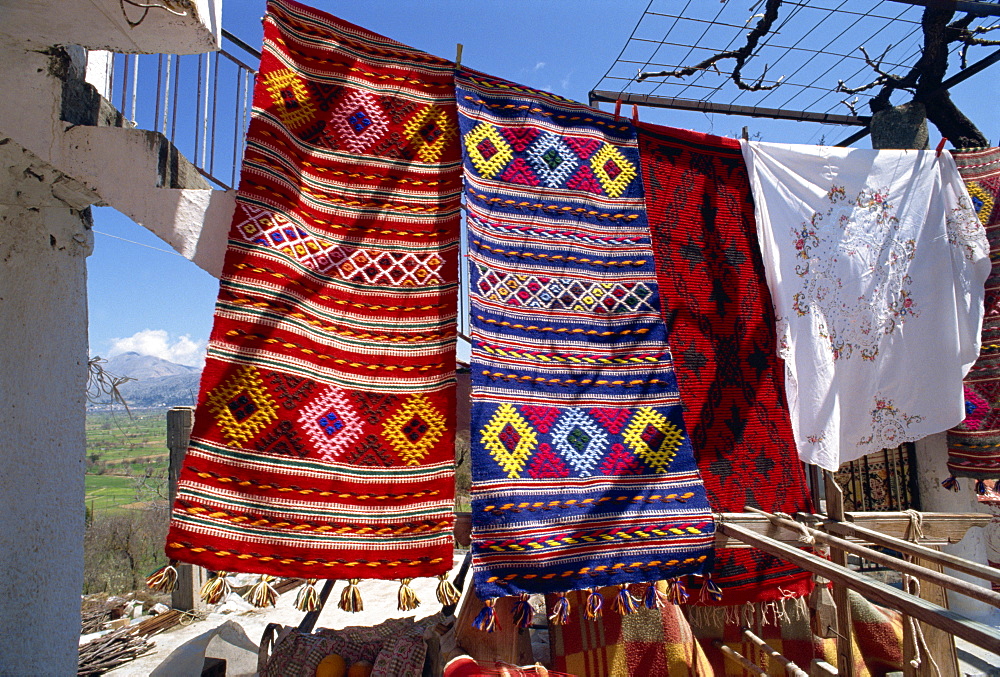 Textiles for sale in village near Lasithi Plateau, Crete, Greek Islands, Greece, Europe