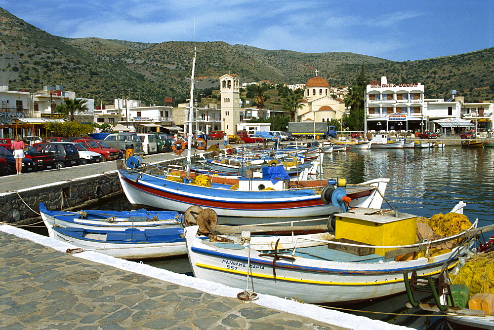 Fishing boats moored in the harbour at Elounda, near Agios Nikolas, Crete, Greece, Europe