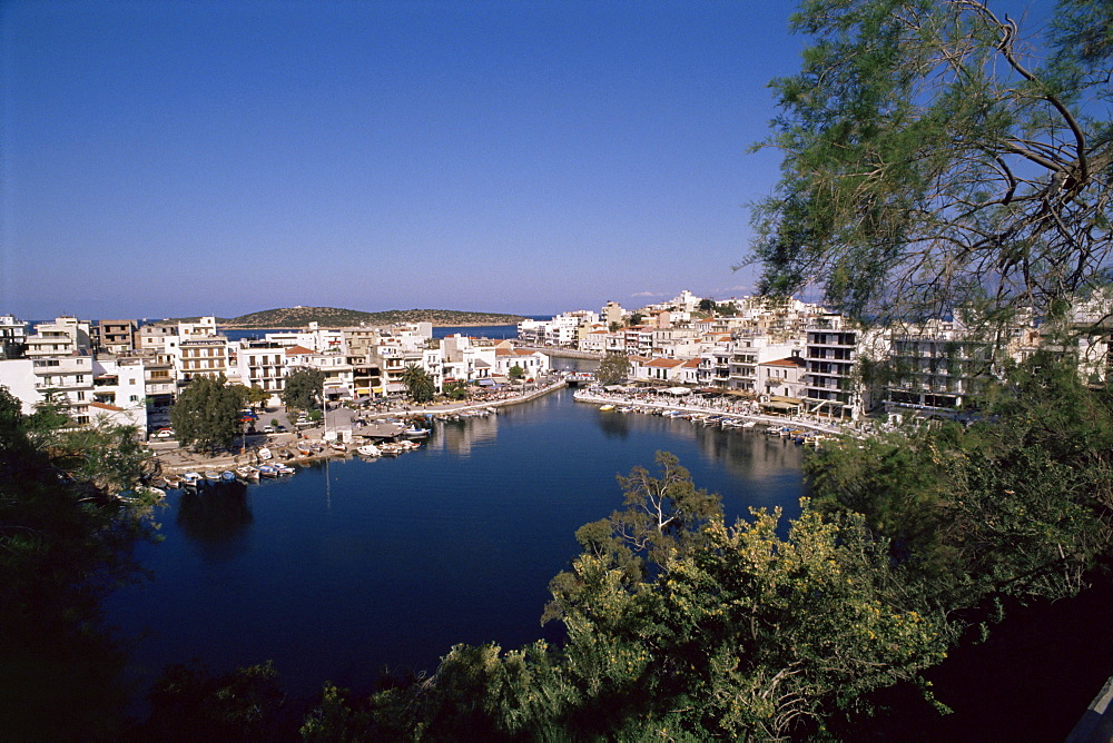 Bottomless lake, or Lake Voulismeni in foreground, Agios Nikolas, Crete, Greece, Europe