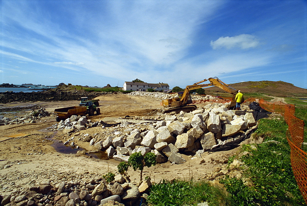 Building sea defences, Bryer, Isles of Scilly, United Kingdom, Europe