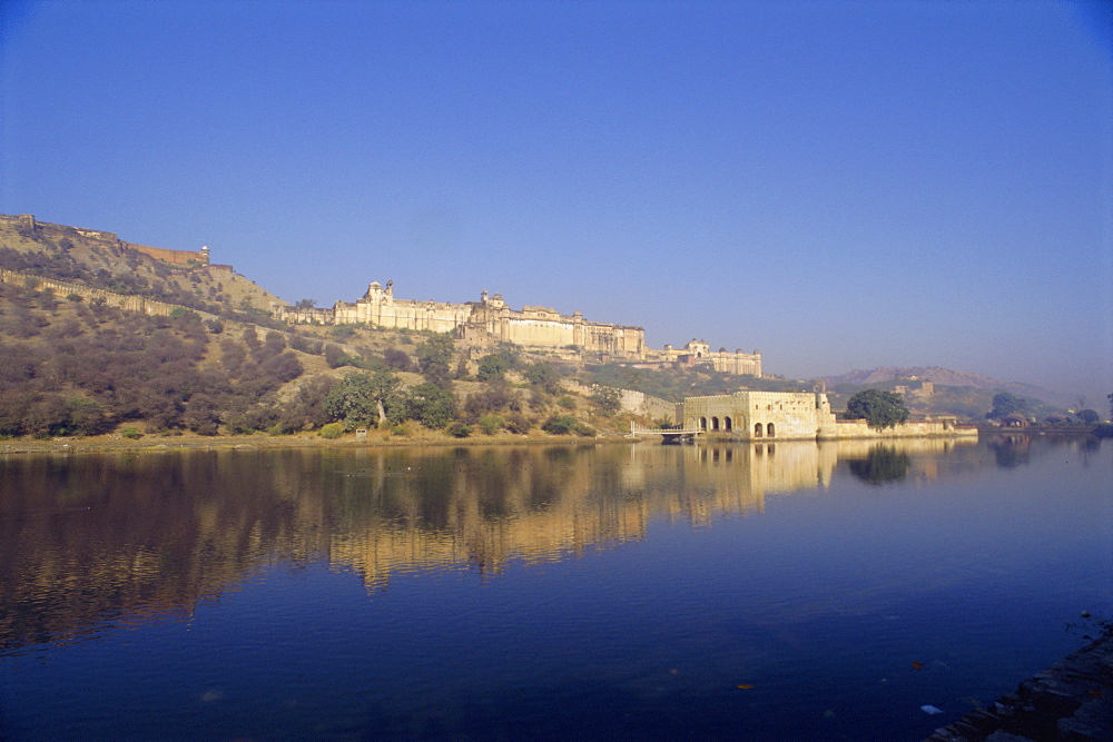 The Amber Palace from Moata Sagar (lake), Jaipur, Rajasthan State, India, Asia