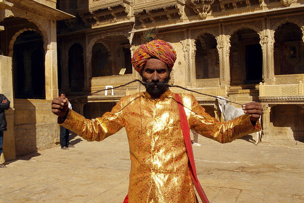 Man with a very very long moustache, Jaisalmer, Rajasthan state, India, Asia